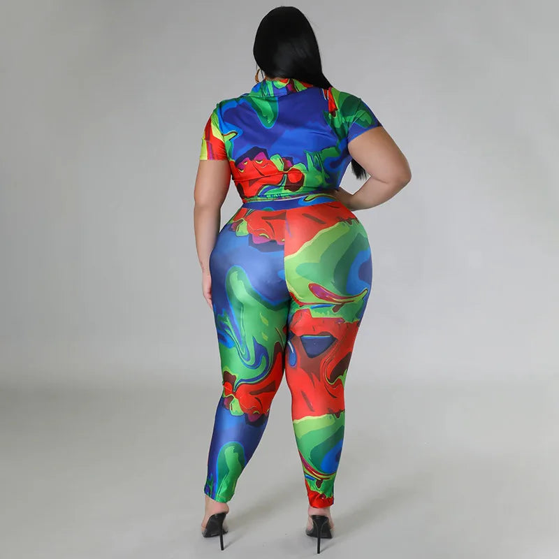 Perl Plus Size Printed Casual Two Piece Set Women Outfit Leisure