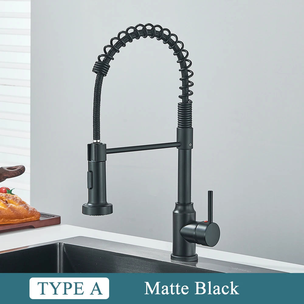 Matte Black Kitchen Sink Faucet One Handle Spring Hot and Cold Water Tap