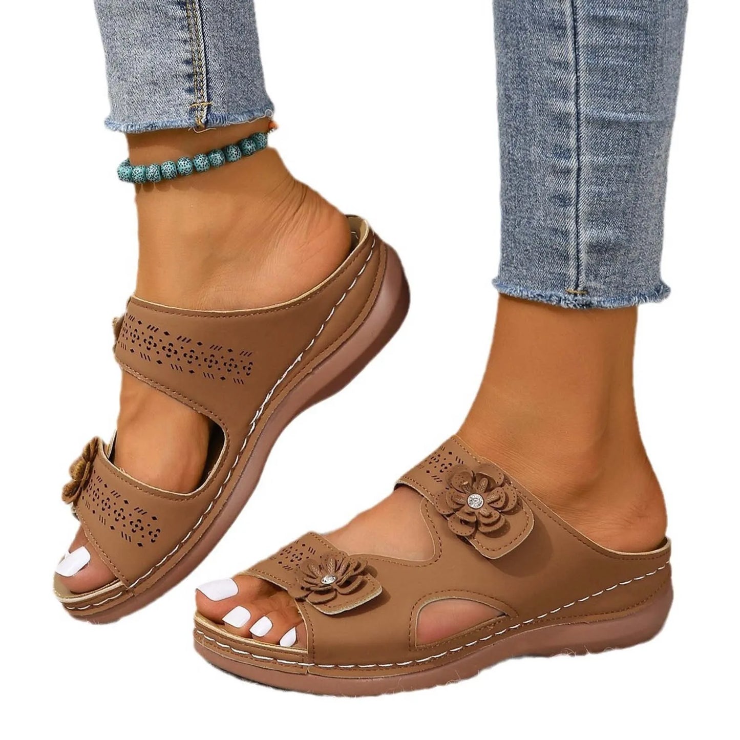 Ladies Summer Fashion Sandals Solid Color Hollow Hook Loop Casual