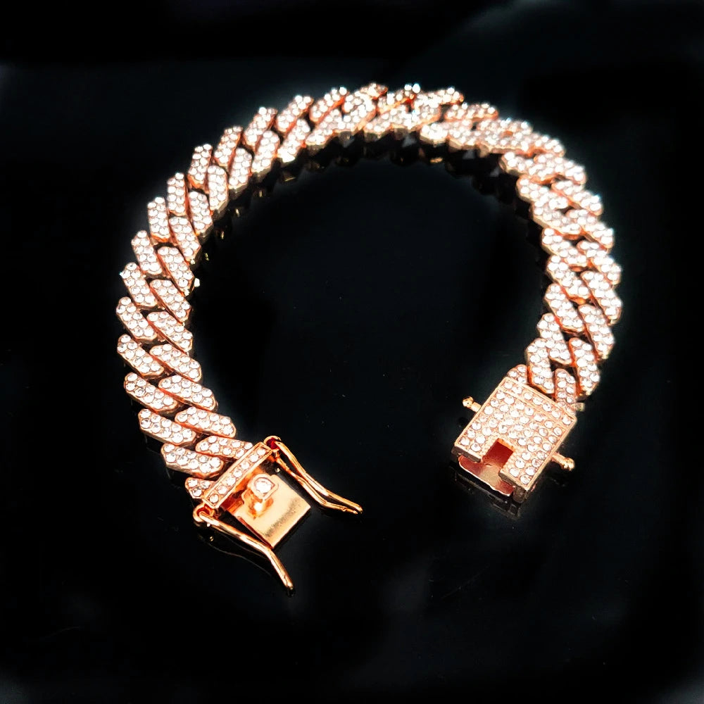 Hip Hop 13MM Rhinestones Prong Iced Out Cuban Link Chain Bracelet