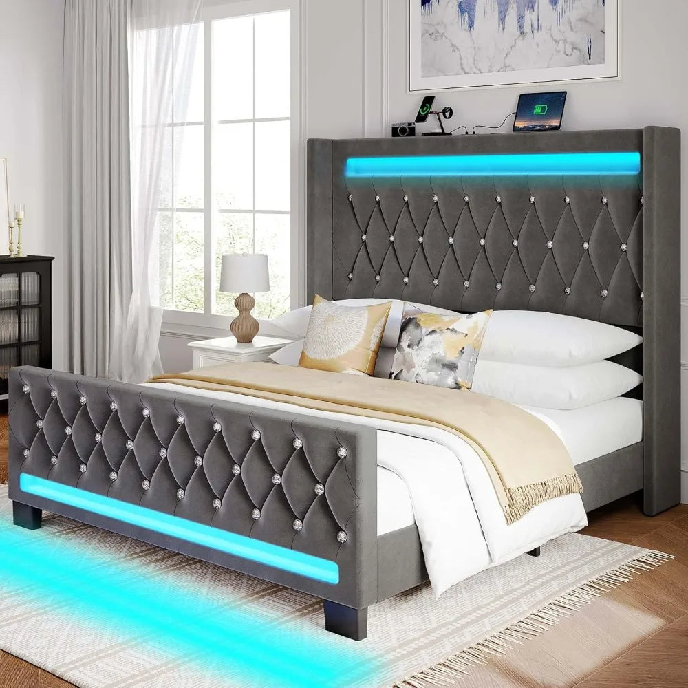 Bed Frame with LED Light and Charging Station, Upholstered High Headboard and Footboard