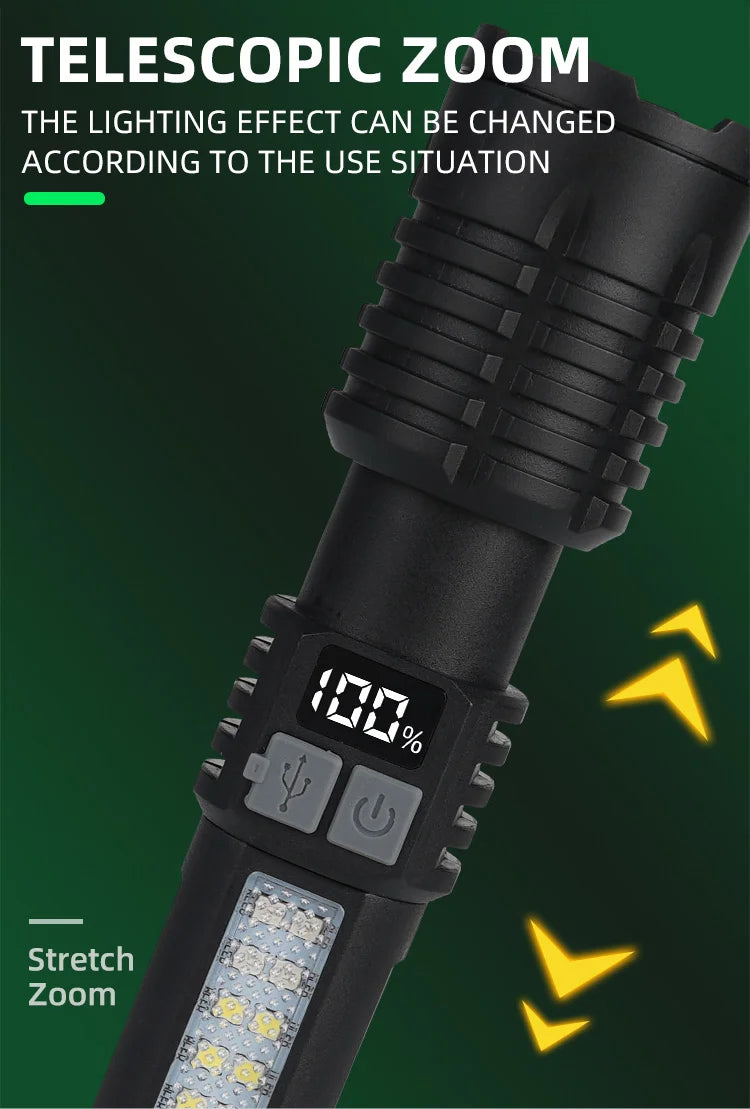 Portable Rechargeable High Power LED Flashlights With Display Screen Zoom Tactical