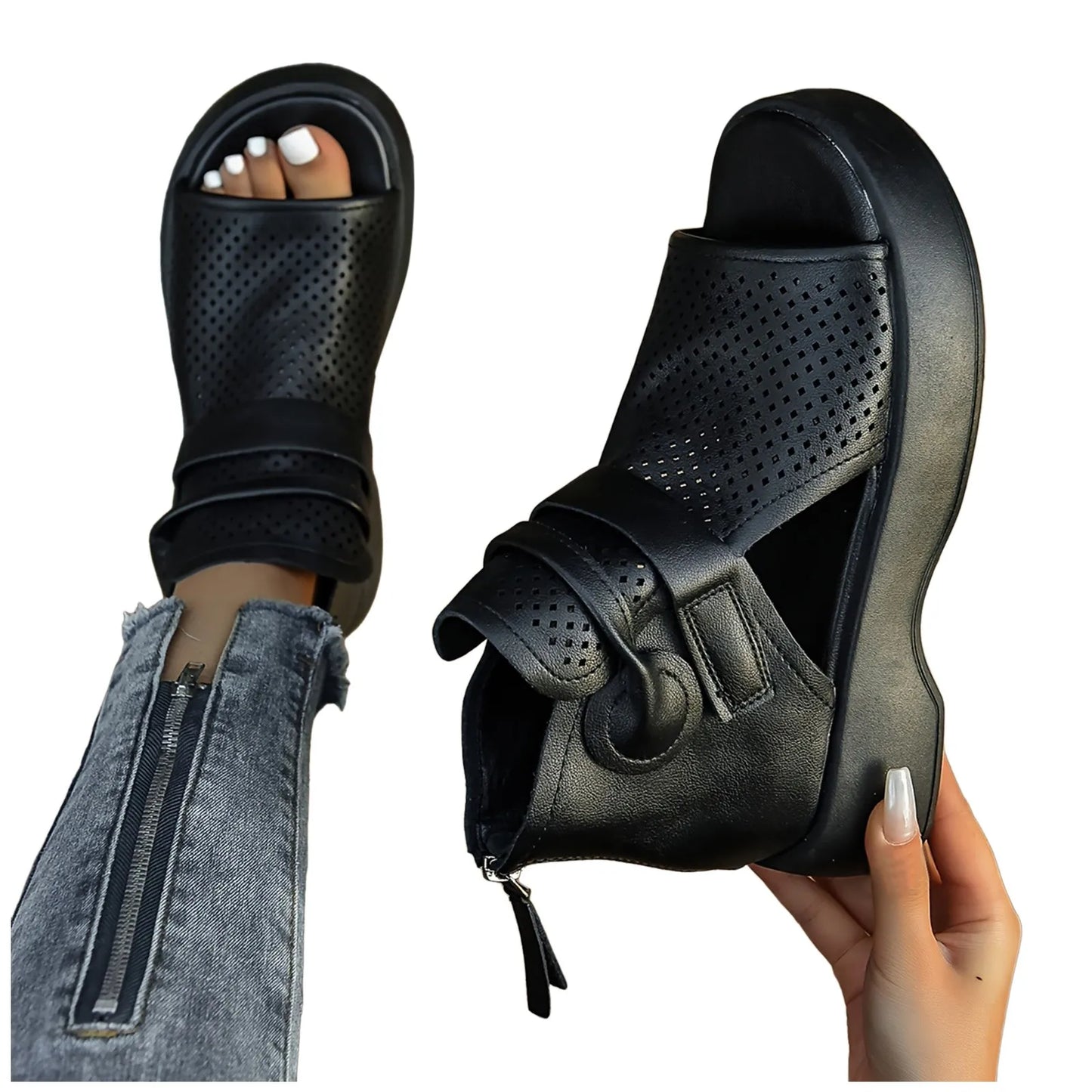 Women'S Leather Upper Plus Size Sandals Open Toe Roman Thick Sole Flat