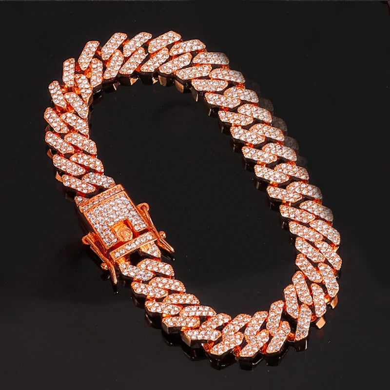Hip Hop 13MM Rhinestones Prong Iced Out Cuban Link Chain Bracelet