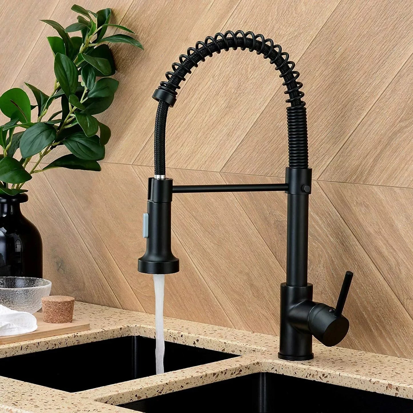 Matte Black Kitchen Sink Faucet One Handle Spring Hot and Cold Water Tap