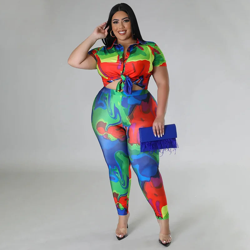 Perl Plus Size Printed Casual Two Piece Set Women Outfit Leisure
