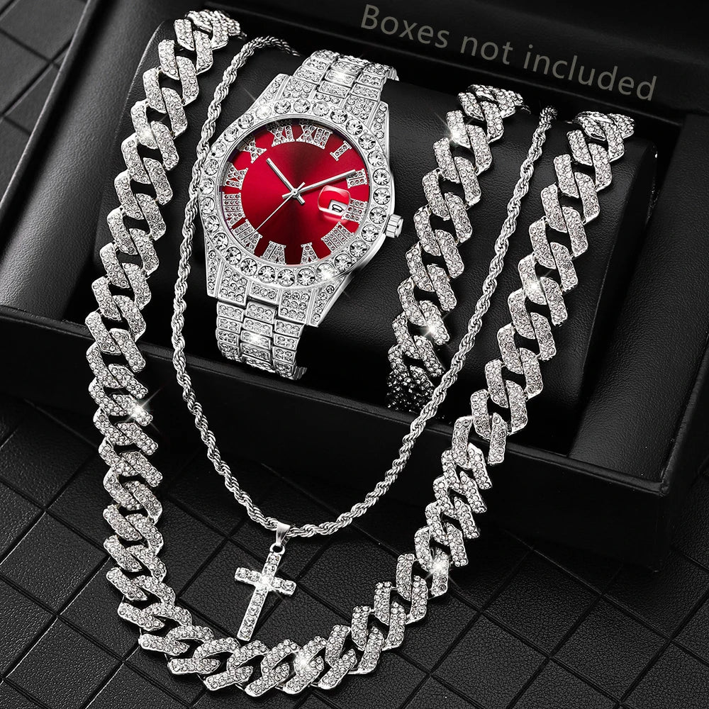 4pcs Men's Casual Quartz Watch Alloy Strap With Date Silver And Alloy Rhinestone