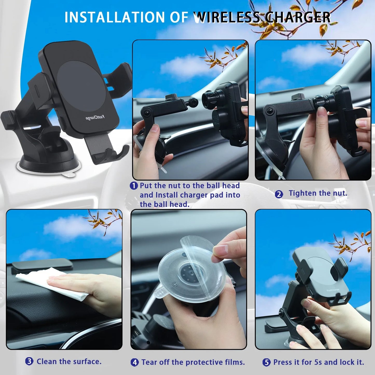 Wireless Car Charger, 15W Fast Charging Auto Clamping Car Charger, windshield