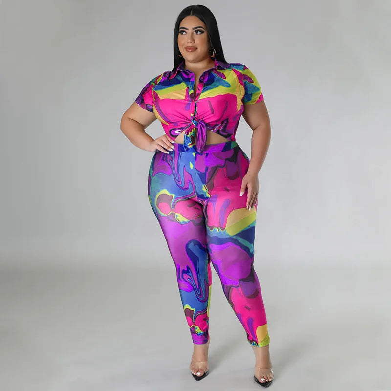 Perl Plus Size Printed Casual Two Piece Set Women Outfit Leisure