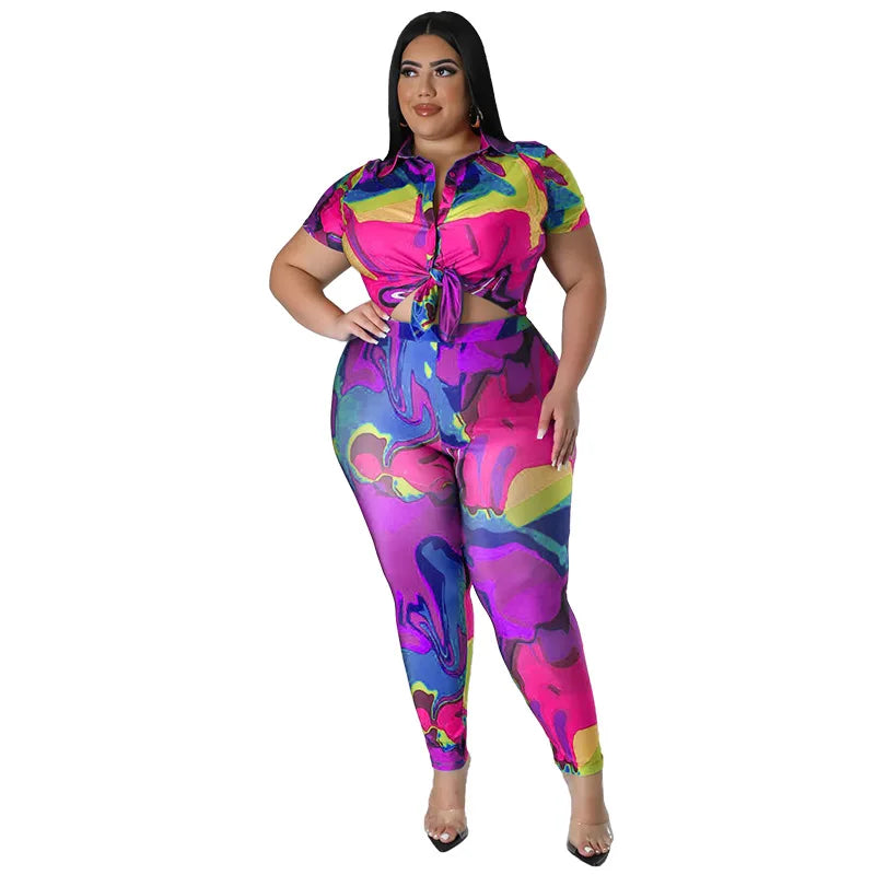Perl Plus Size Printed Casual Two Piece Set Women Outfit Leisure
