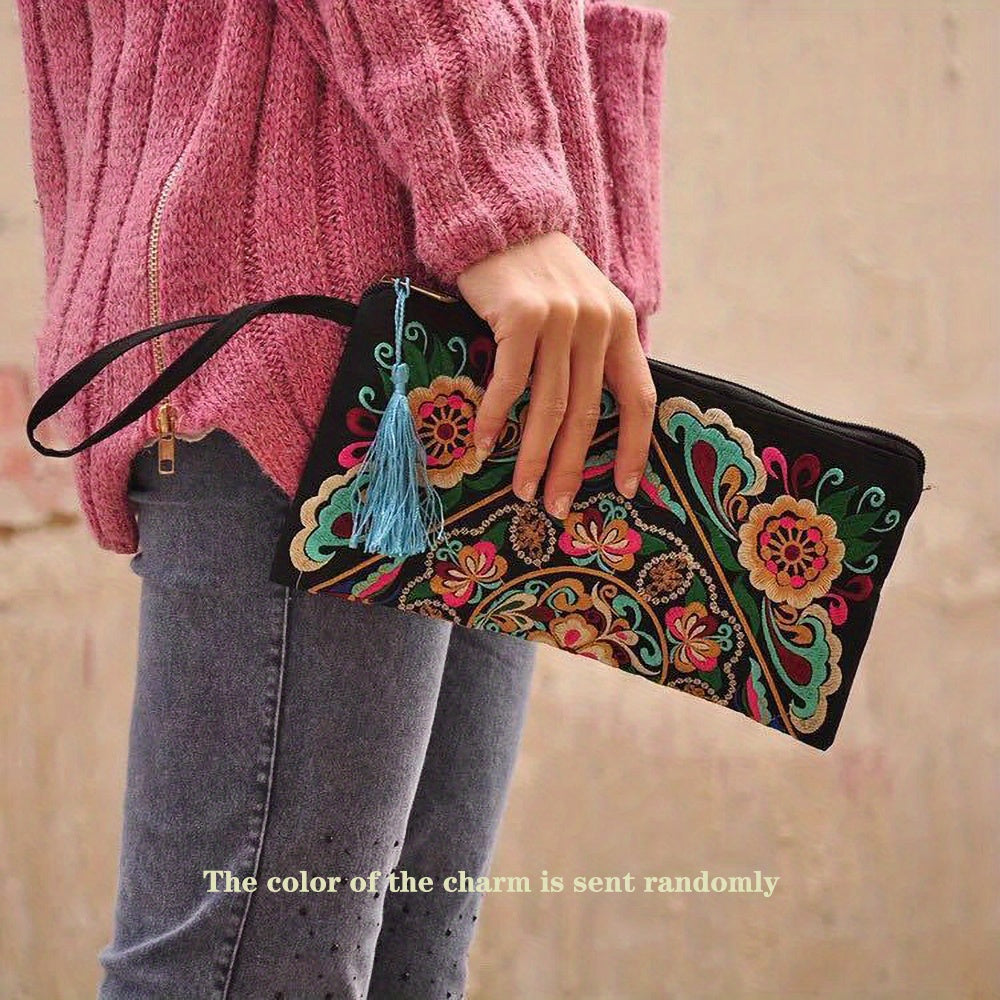 Vintage Square Phone Purse - Ethnic Floral Embroidery, Wristlet Strap