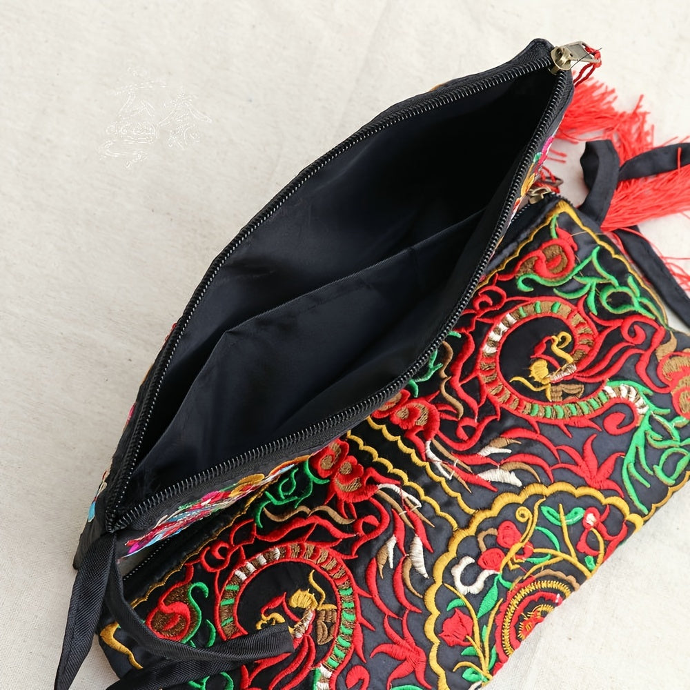 Vintage Square Phone Purse - Ethnic Floral Embroidery, Wristlet Strap