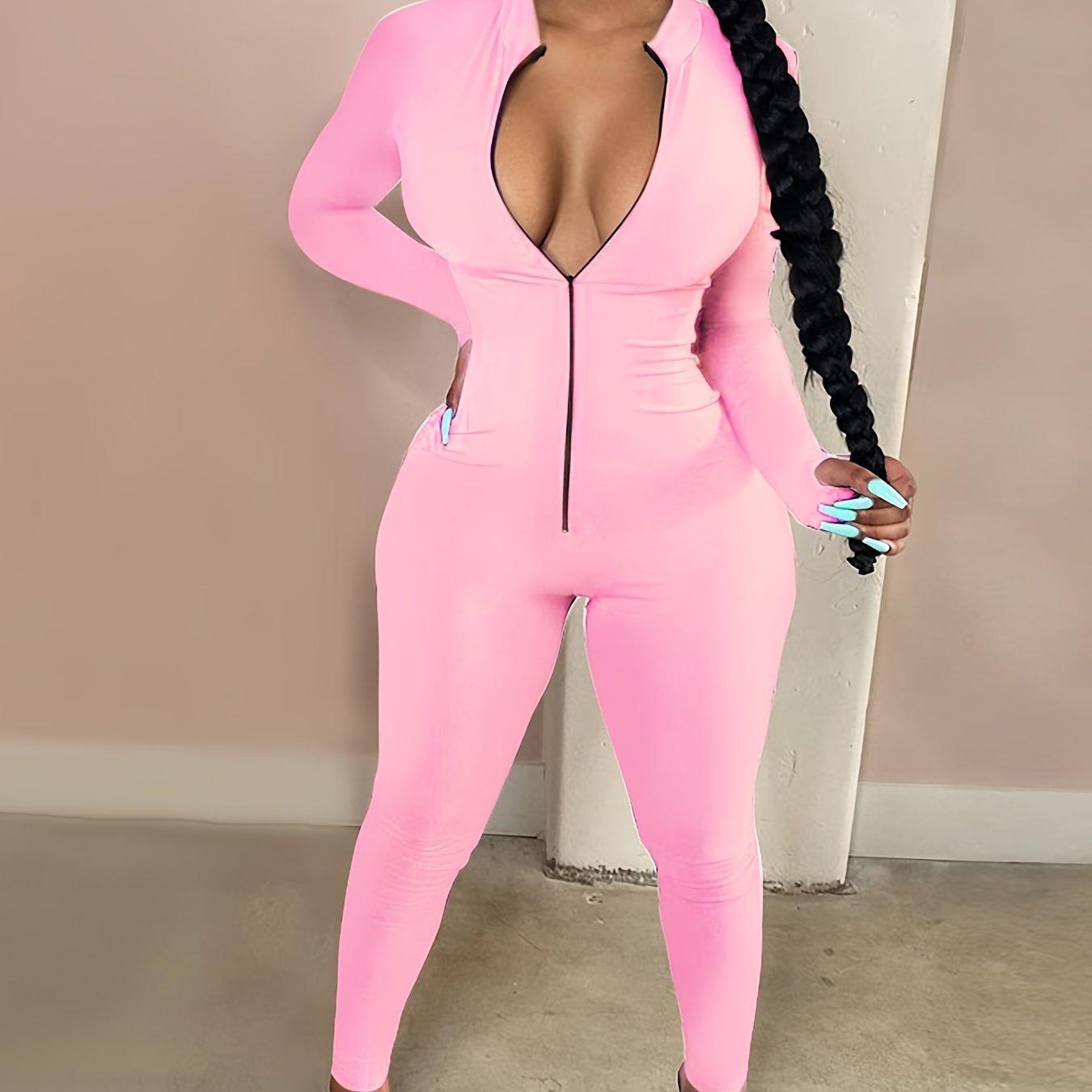 Women's Sexy Bodycon Zip Up Jumpsuit, Solid Long Sleeve Stretchy Jumpsuit
