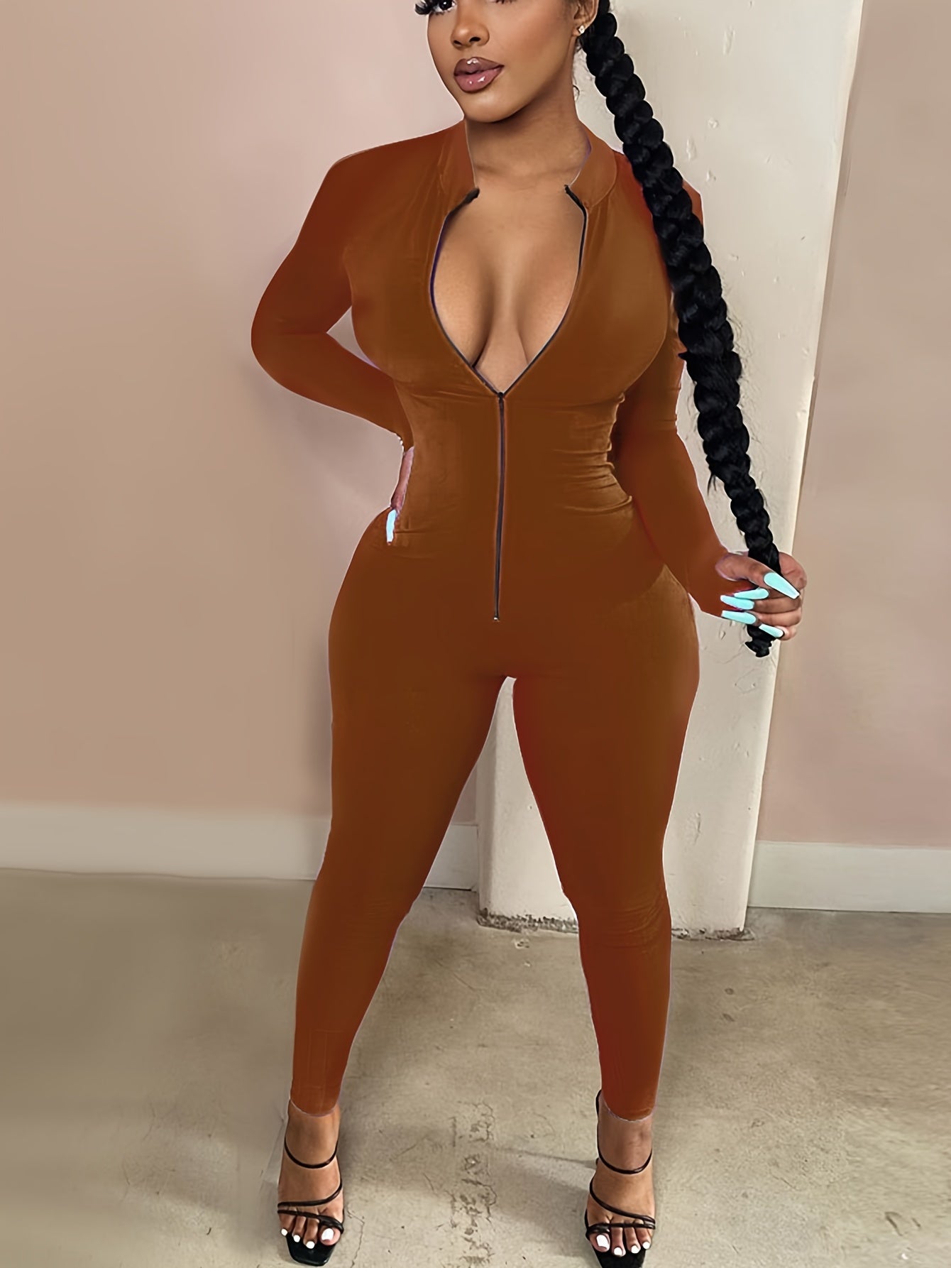 Women's Sexy Bodycon Zip Up Jumpsuit, Solid Long Sleeve Stretchy Jumpsuit