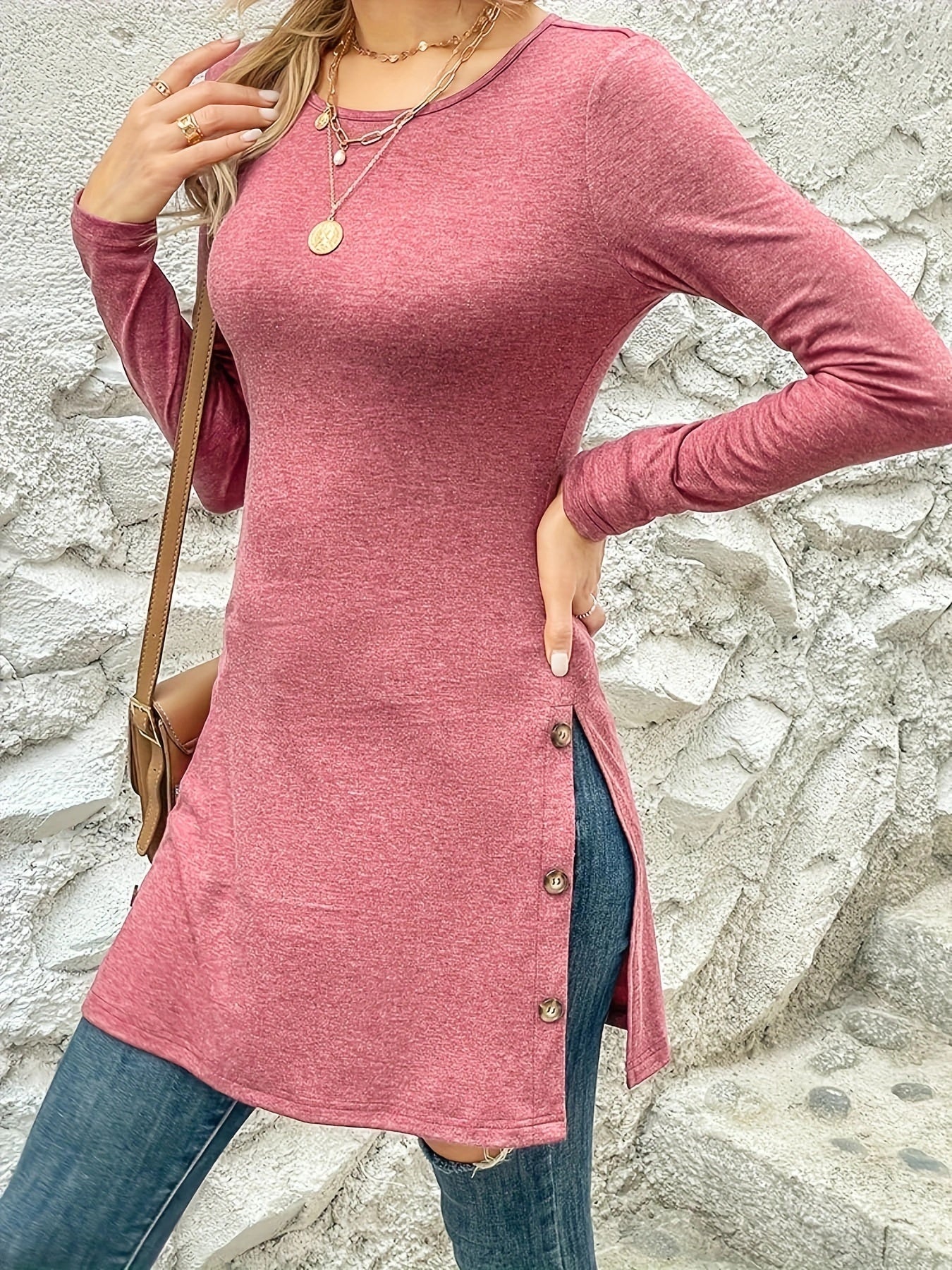 Stylish Long Sleeve Crew Neck T-Shirt - Women's Fall Winter Tops, Solid Color