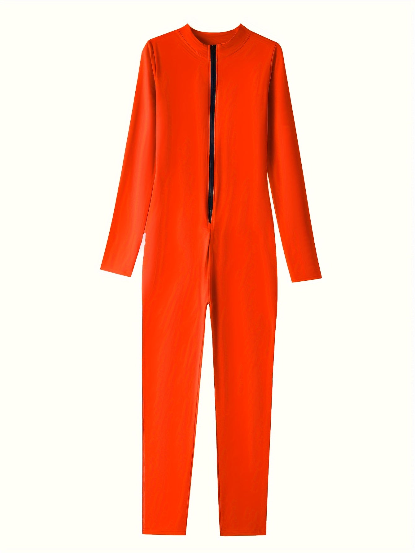 Women's Sexy Bodycon Zip Up Jumpsuit, Solid Long Sleeve Stretchy Jumpsuit