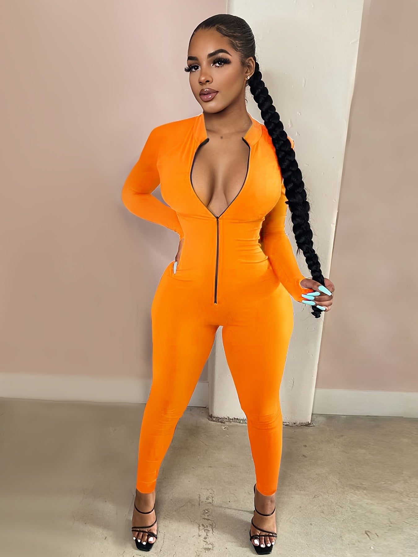 Women's Sexy Bodycon Zip Up Jumpsuit, Solid Long Sleeve Stretchy Jumpsuit