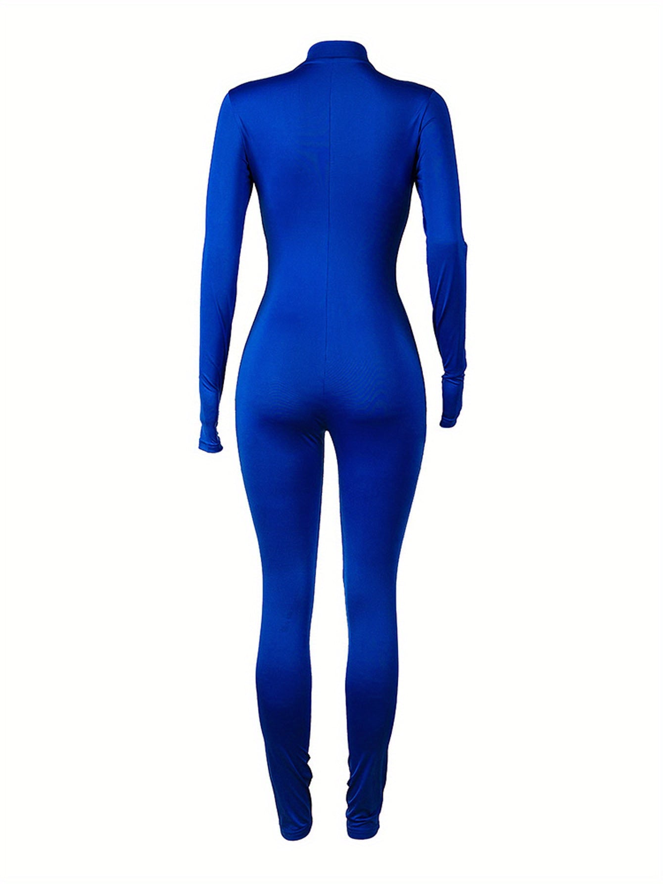Women's Sexy Bodycon Zip Up Jumpsuit, Solid Long Sleeve Stretchy Jumpsuit