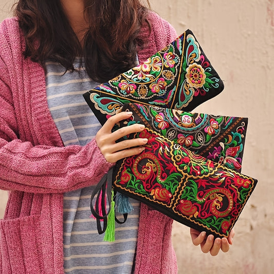 Vintage Square Phone Purse - Ethnic Floral Embroidery, Wristlet Strap