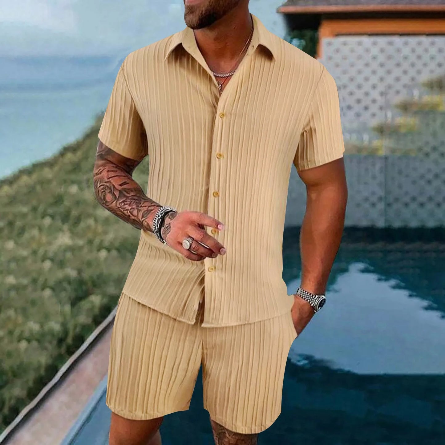 Casual Shirt Solid color Loose Short Sleeve Shorts Beach two-piece