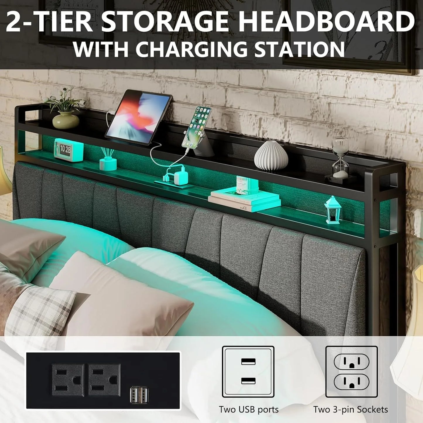 Queen Size Bed Frame with RGBW LED Lights & Charging Station, Upholstered Headboard