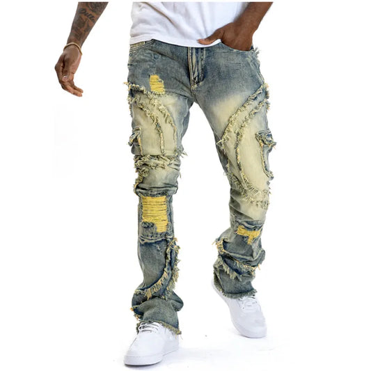 Men Ripped Stacked Jeans Distressed Slim Fit Skinny Straight Leg Jeans Fashion