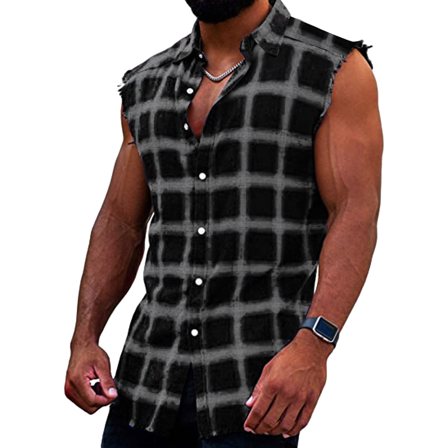 Men's Summer Fashion Casual Plaid Print Sleeveless T Shirt Vest Buckle