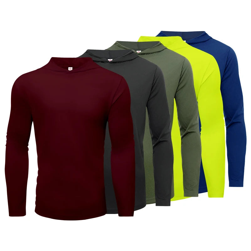 Men's five piece sports long sleeved T-shirt, hooded solid color breathable