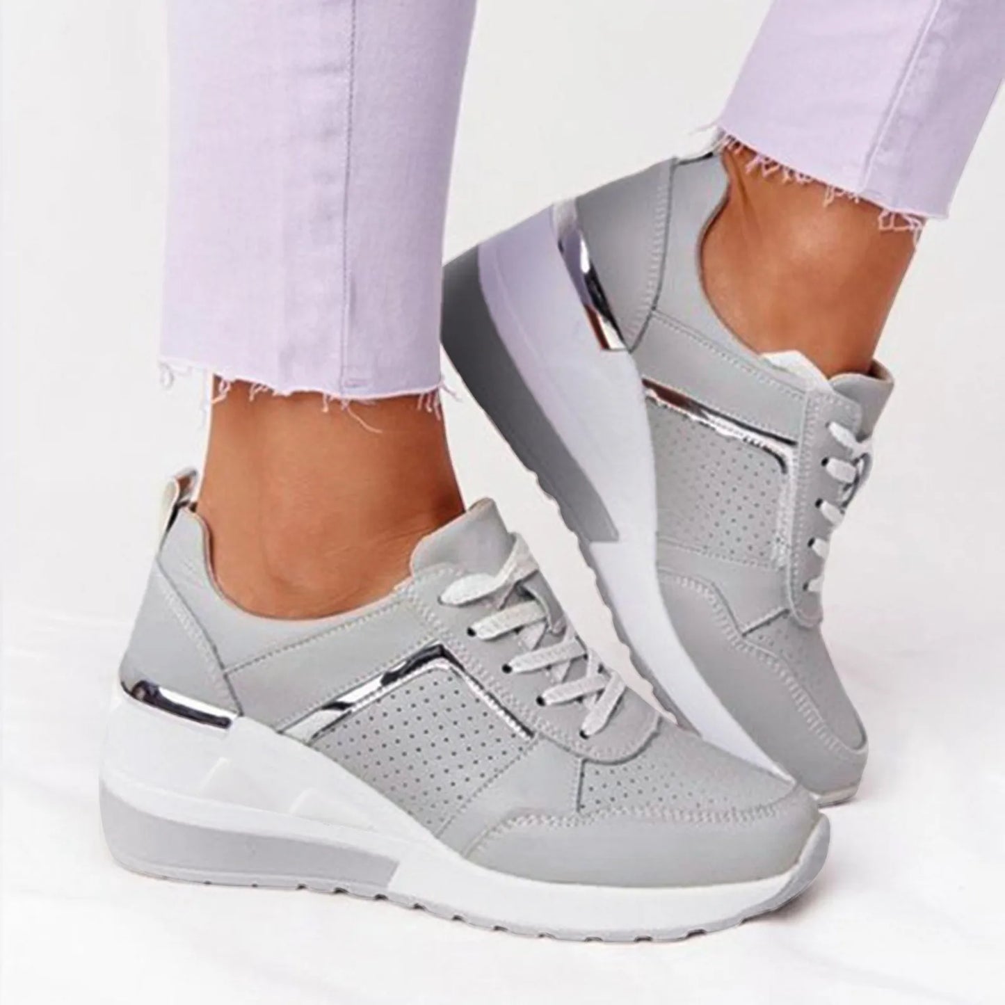 Leather Lace Up Sneakers Women'S Tennis Shoes Round Head Breathable Thick