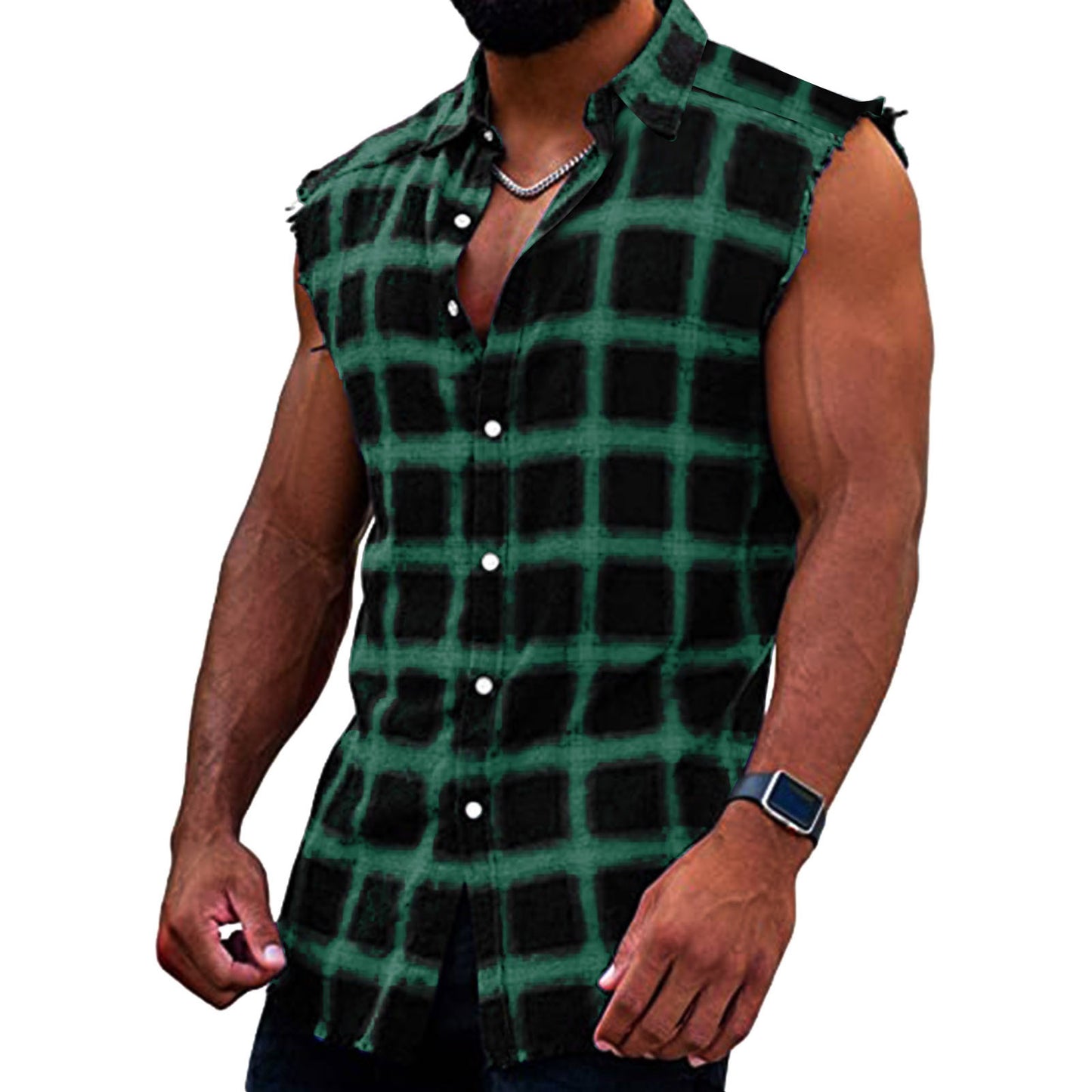 Men's Summer Fashion Casual Plaid Print Sleeveless T Shirt Vest Buckle