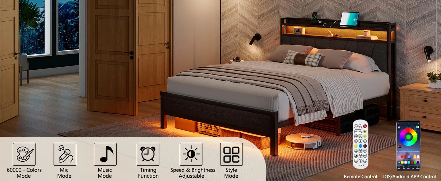 Queen Size Bed Frame with RGBW LED Lights & Charging Station, Upholstered Headboard