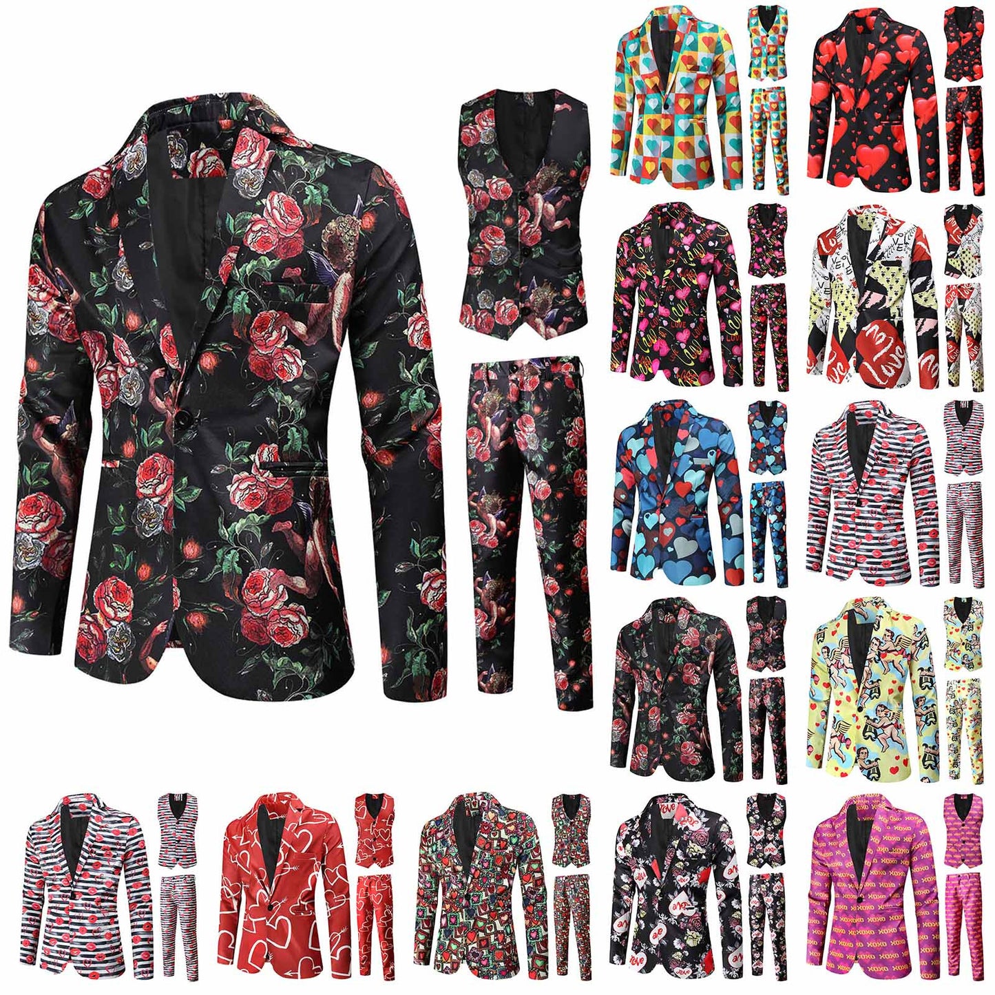 Valentine's Gift Men's Fashion Suit Three-Piece Sets Party Coat 3d Heart Printed