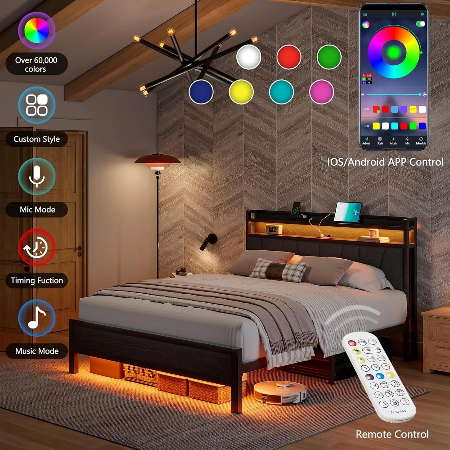 Queen Size Bed Frame with RGBW LED Lights & Charging Station, Upholstered Headboard