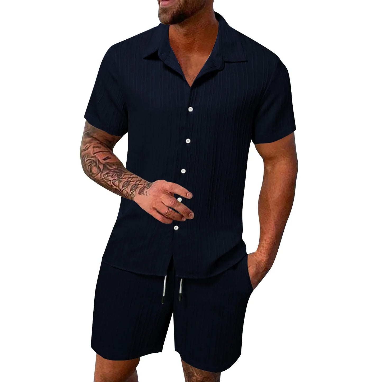 Casual Shirt Solid color Loose Short Sleeve Shorts Beach two-piece