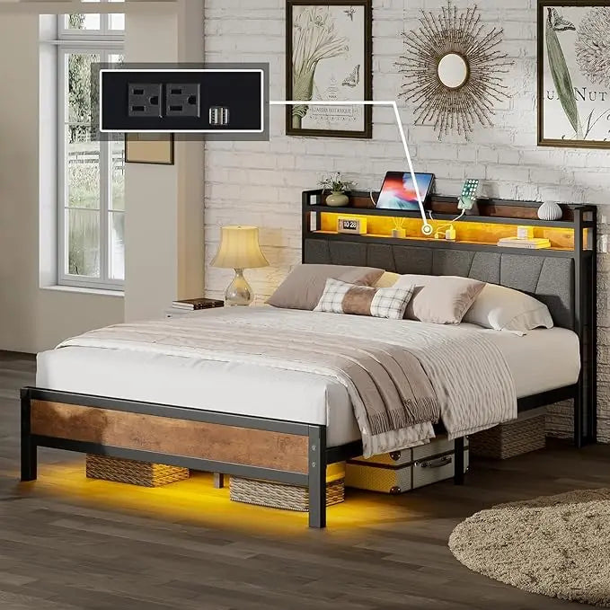 Queen Size Bed Frame with RGBW LED Lights & Charging Station, Upholstered Headboard