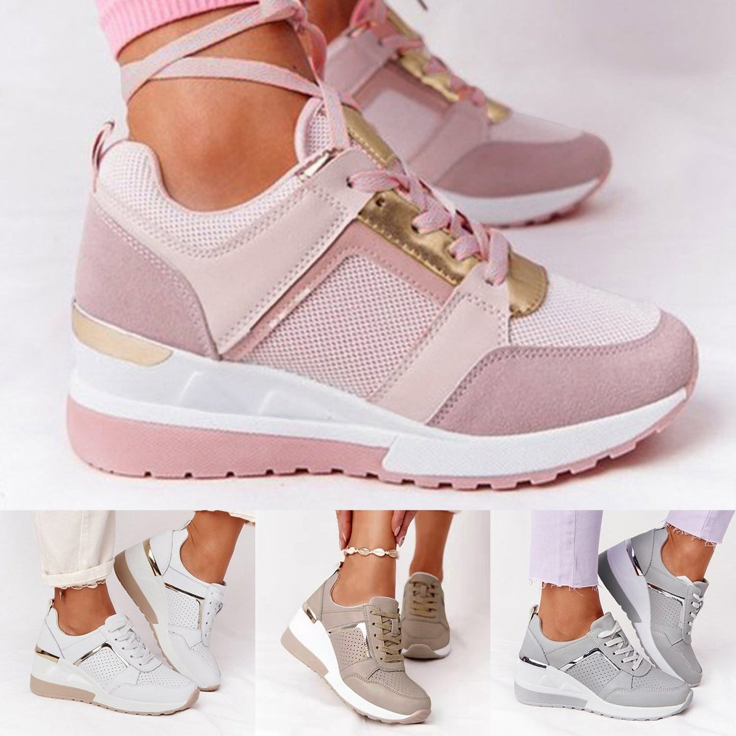 Leather Lace Up Sneakers Women'S Tennis Shoes Round Head Breathable Thick