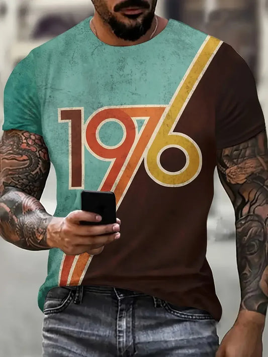 Men's Vintage 1976 Letter Print Short Sleeve Crew Neck T-Shirts