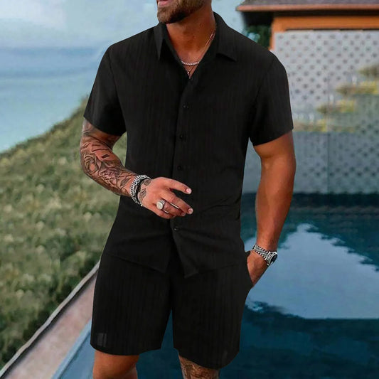 Casual Shirt Solid color Loose Short Sleeve Shorts Beach two-piece