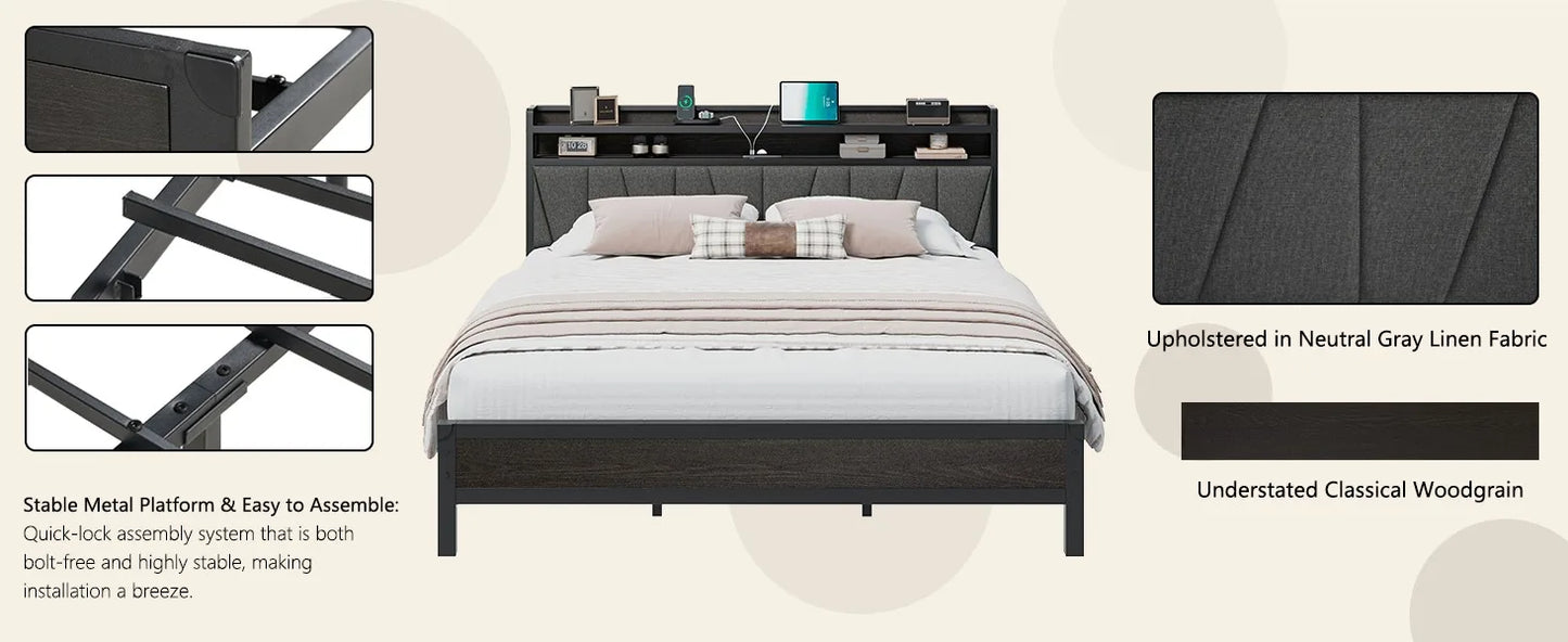 Queen Size Bed Frame with RGBW LED Lights & Charging Station, Upholstered Headboard
