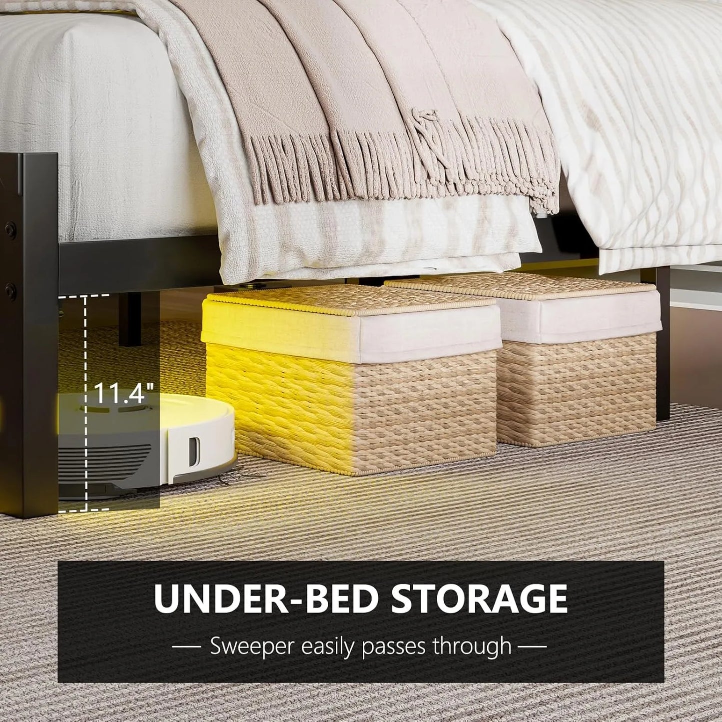 Queen Size Bed Frame with RGBW LED Lights & Charging Station, Upholstered Headboard