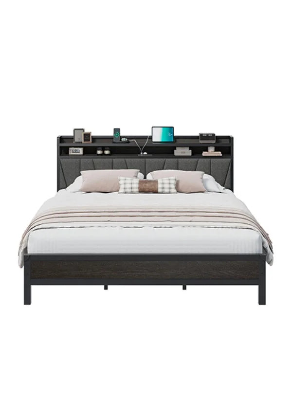 Queen Size Bed Frame with RGBW LED Lights & Charging Station, Upholstered Headboard