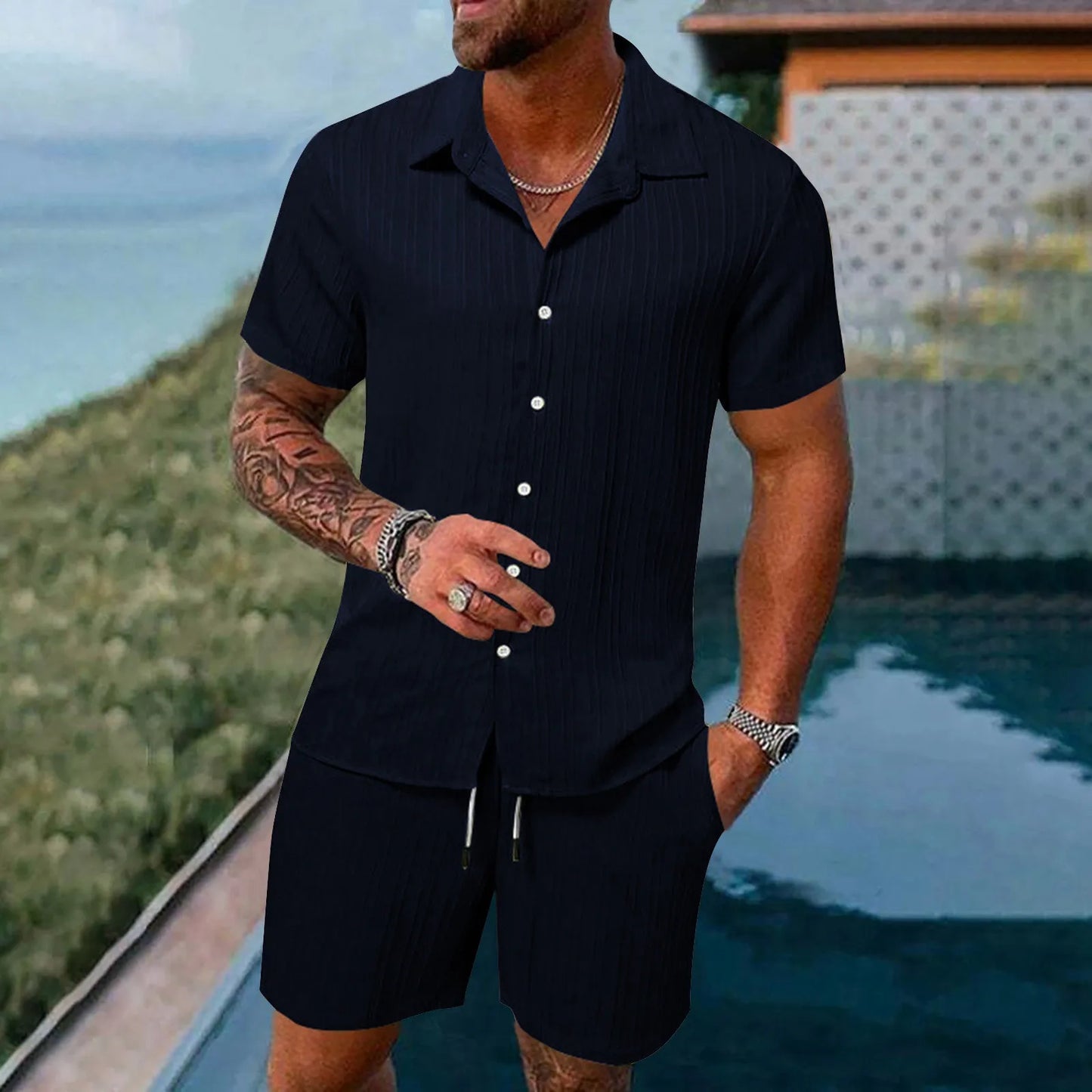 Casual Shirt Solid color Loose Short Sleeve Shorts Beach two-piece