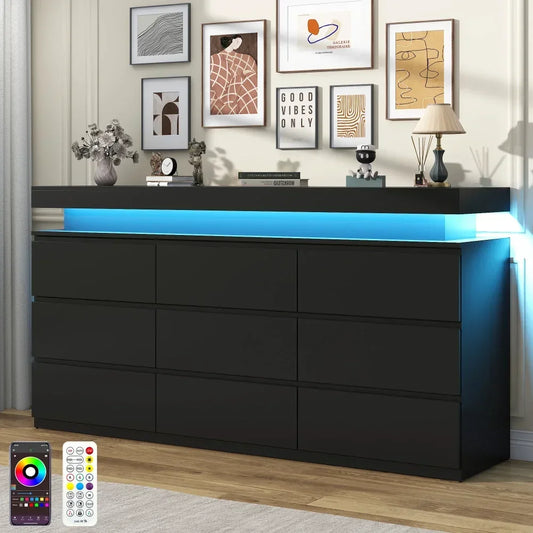 LED Black Dresser for bedroom, Living Room, 9 Drawer Dresser with LED Lights