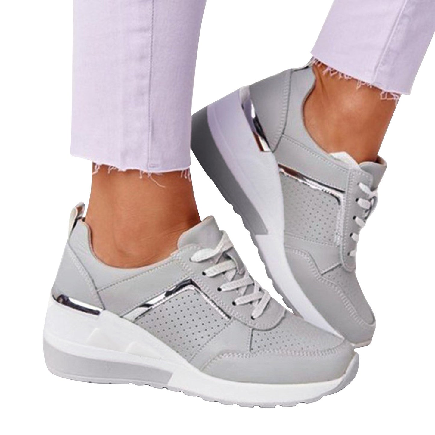 Leather Lace Up Sneakers Women'S Tennis Shoes Round Head Breathable Thick