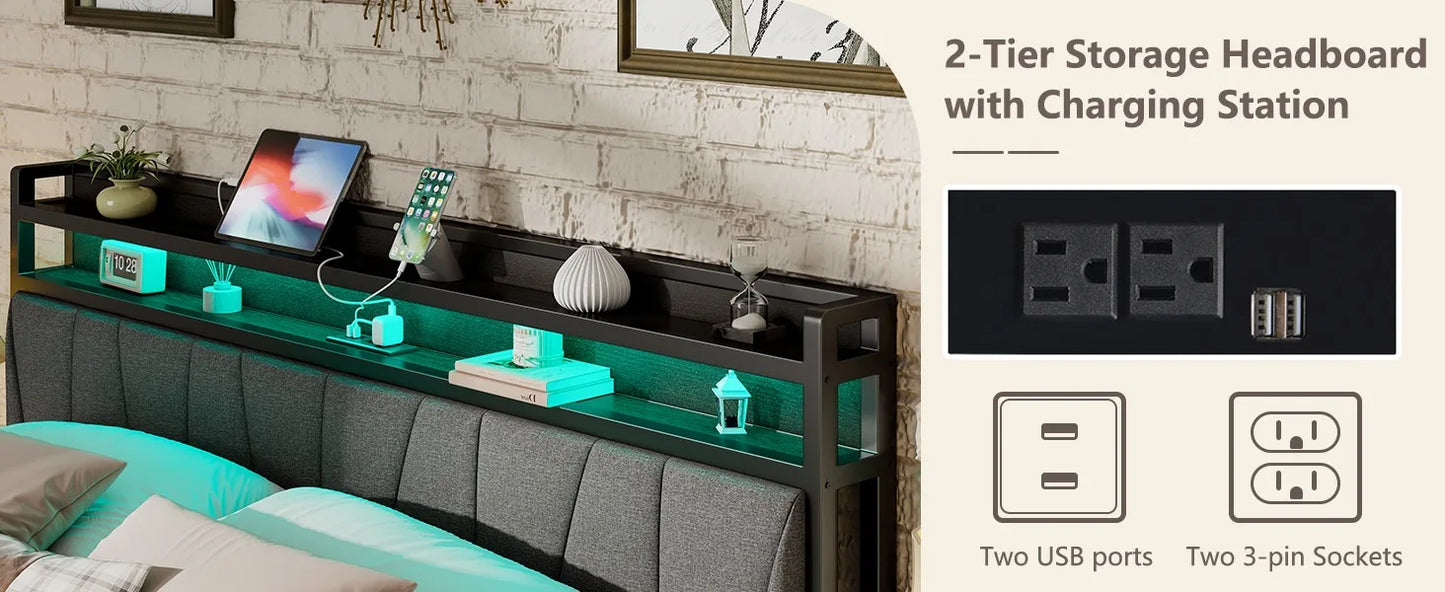 Queen Size Bed Frame with RGBW LED Lights & Charging Station, Upholstered Headboard