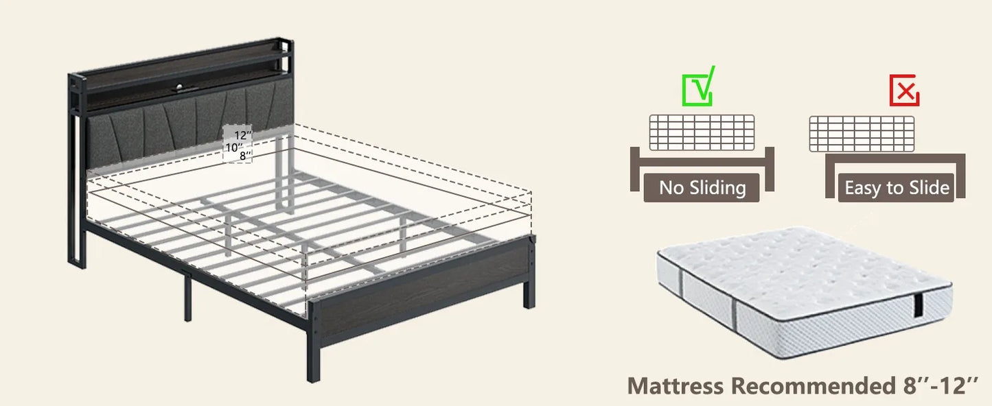 Queen Size Bed Frame with RGBW LED Lights & Charging Station, Upholstered Headboard