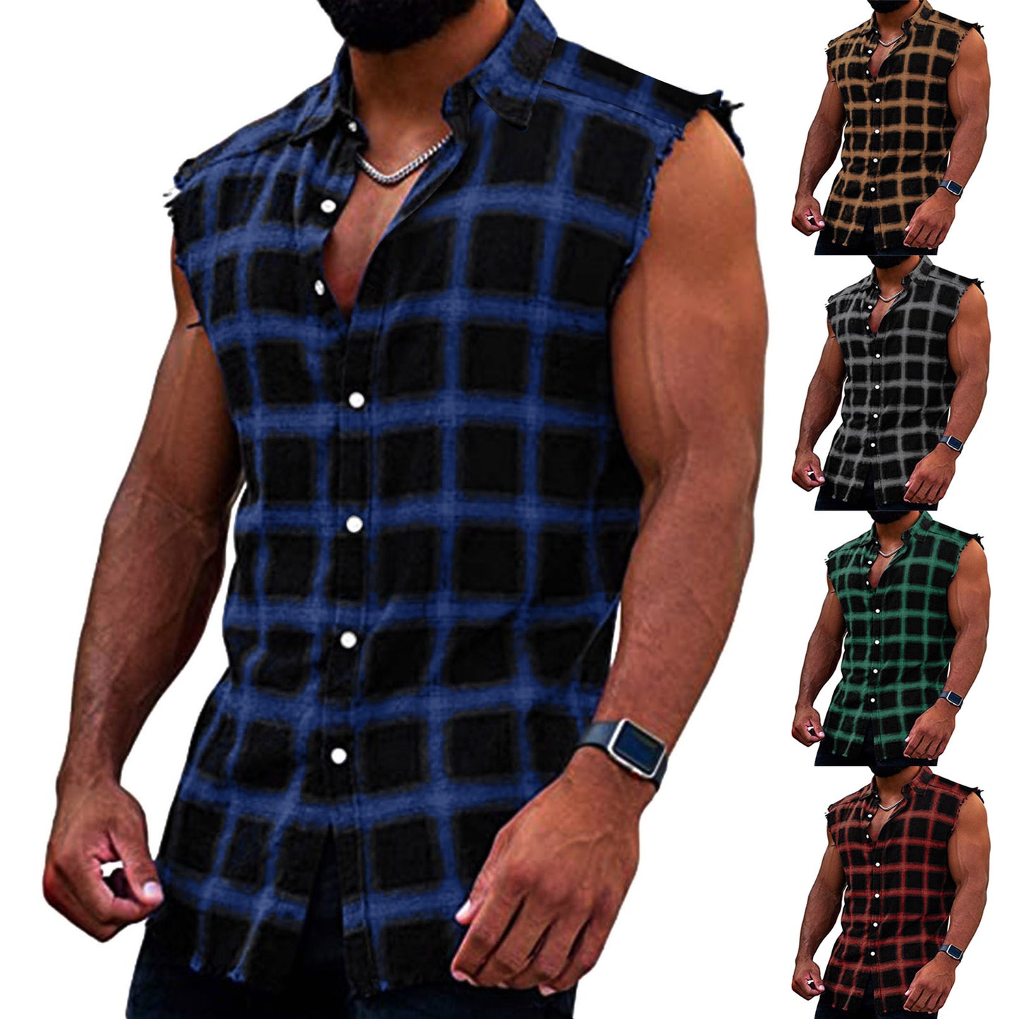 Men's Summer Fashion Casual Plaid Print Sleeveless T Shirt Vest Buckle
