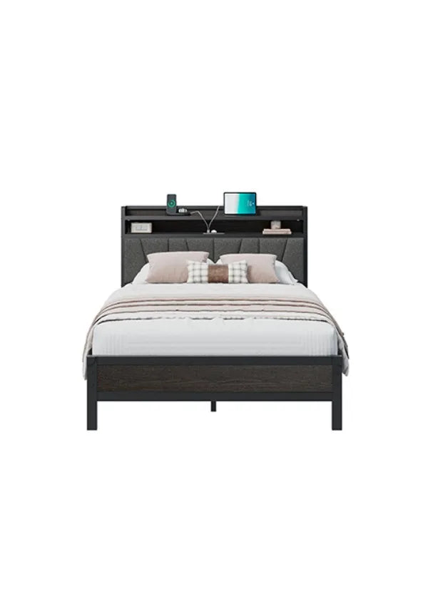 Queen Size Bed Frame with RGBW LED Lights & Charging Station, Upholstered Headboard