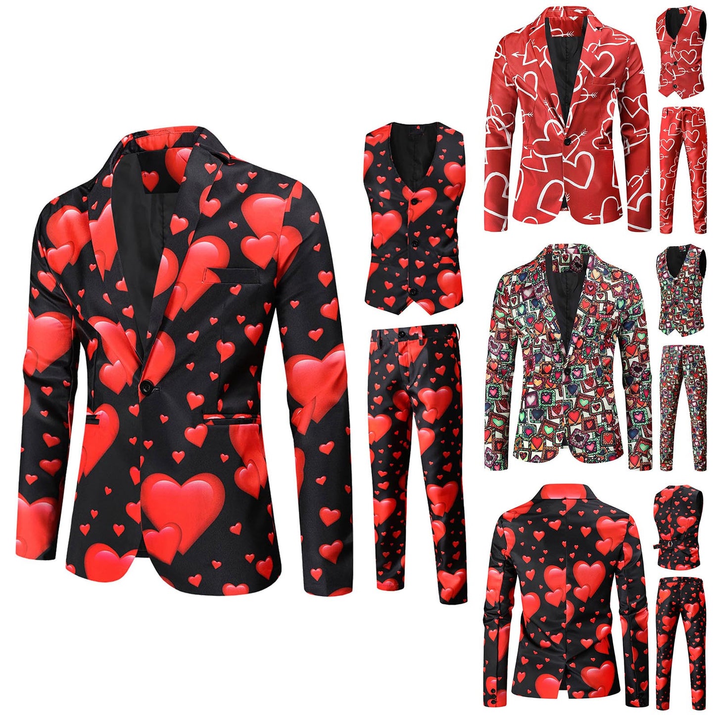 Valentine's Gift Men's Fashion Suit Three-Piece Sets Party Coat 3d Heart Printed