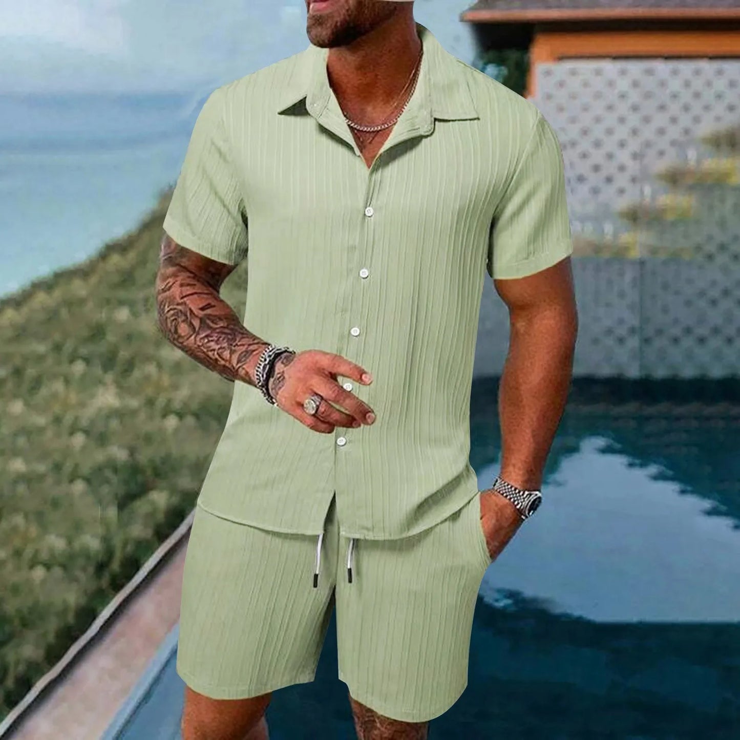 Casual Shirt Solid color Loose Short Sleeve Shorts Beach two-piece